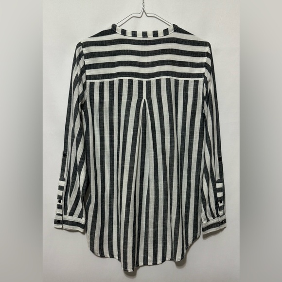Lucky Brand Striped Tunic Mandarin Collar Top Henley Roll Tab Sleeves Medium - Picture 2 of 9